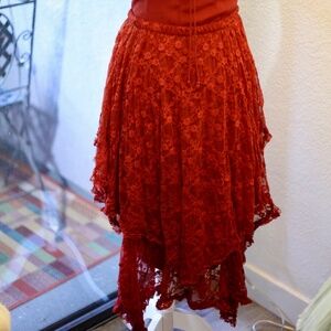 Free People Asymmetrical Sheer Lace Red Festival Skirt
